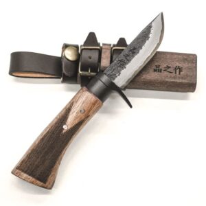 Masano Tosa Forged Damascus Mini Knife bip-811 Sword-shaped Blade Double Edge Blue 2 Damascus Steel Black Hammer Black Guard Wood Handle(Oil Stained) Wood Case(Oil stained) with band Bushcraft