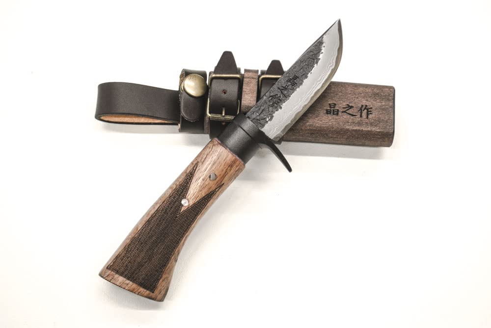 Masano Tosa Forged Damascus Mini Knife bip-811 Sword-shaped Blade Double Edge Blue 2 Damascus Steel Black Hammer Black Guard Wood Handle(Oil Stained) Wood Case(Oil stained) with band Bushcraft