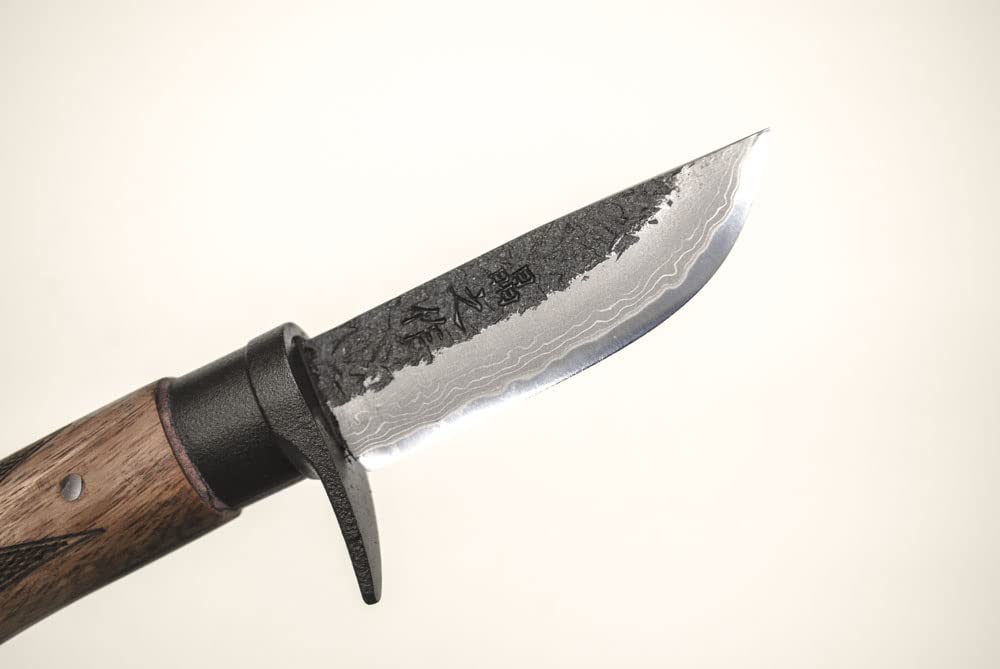 Masano Tosa Forged Damascus Mini Knife bip-811 Sword-shaped Blade Double Edge Blue 2 Damascus Steel Black Hammer Black Guard Wood Handle(Oil Stained) Wood Case(Oil stained) with band Bushcraft