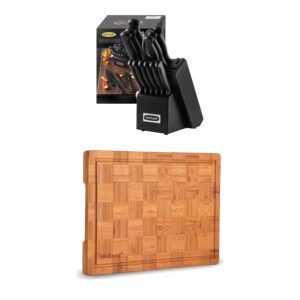 mccook mc21b 15 pieces stainless steel knife block sets with built-in sharpener + mcw12 bamboo cutting board(large, 17"x12"x1")