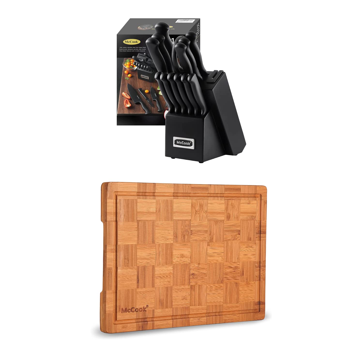 McCook MC21B 15 Pieces Stainless Steel Knife Block Sets with Built-in Sharpener + MCW12 Bamboo Cutting Board(Large, 17"x12"x1")