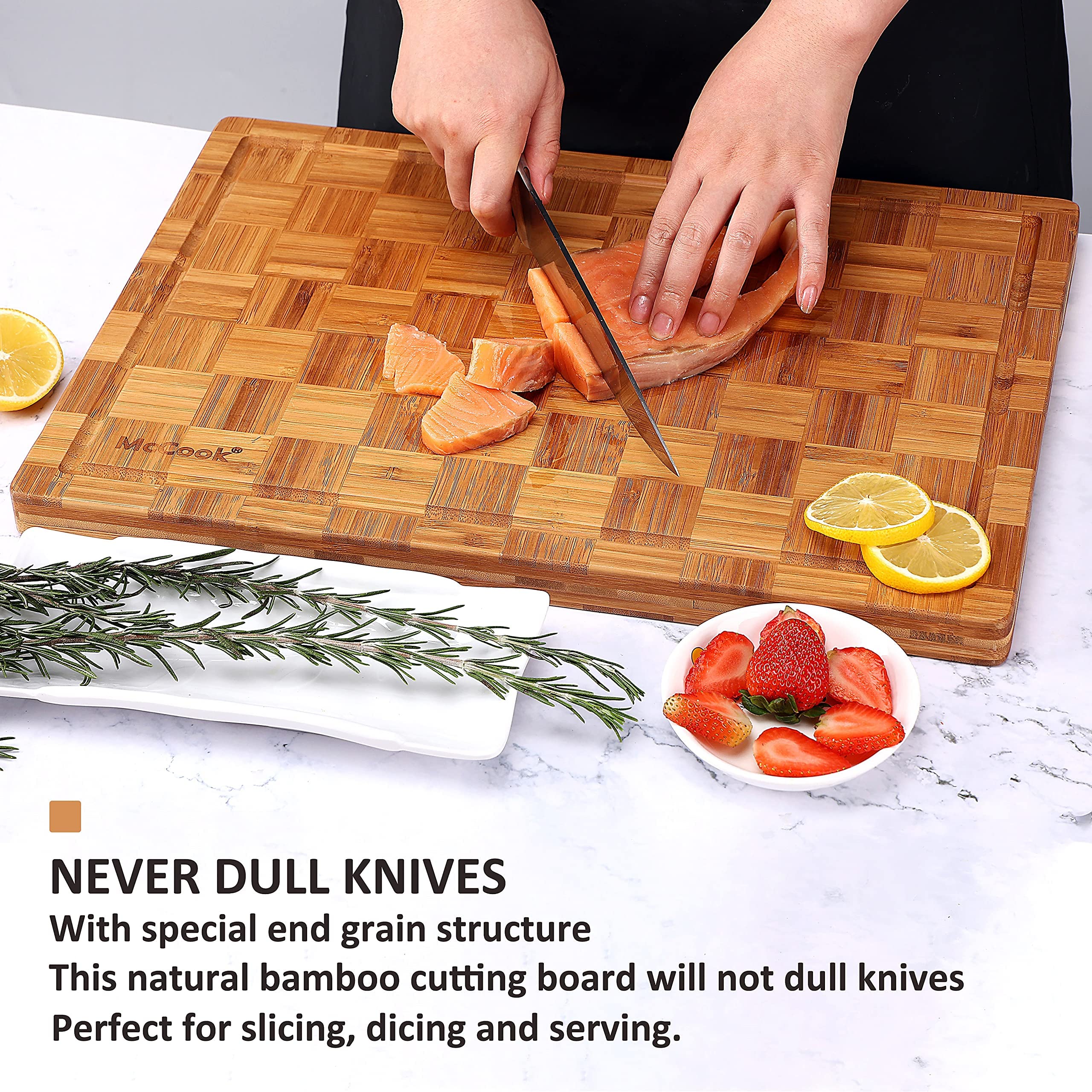 McCook MC21B 15 Pieces Stainless Steel Knife Block Sets with Built-in Sharpener + MCW12 Bamboo Cutting Board(Large, 17"x12"x1")