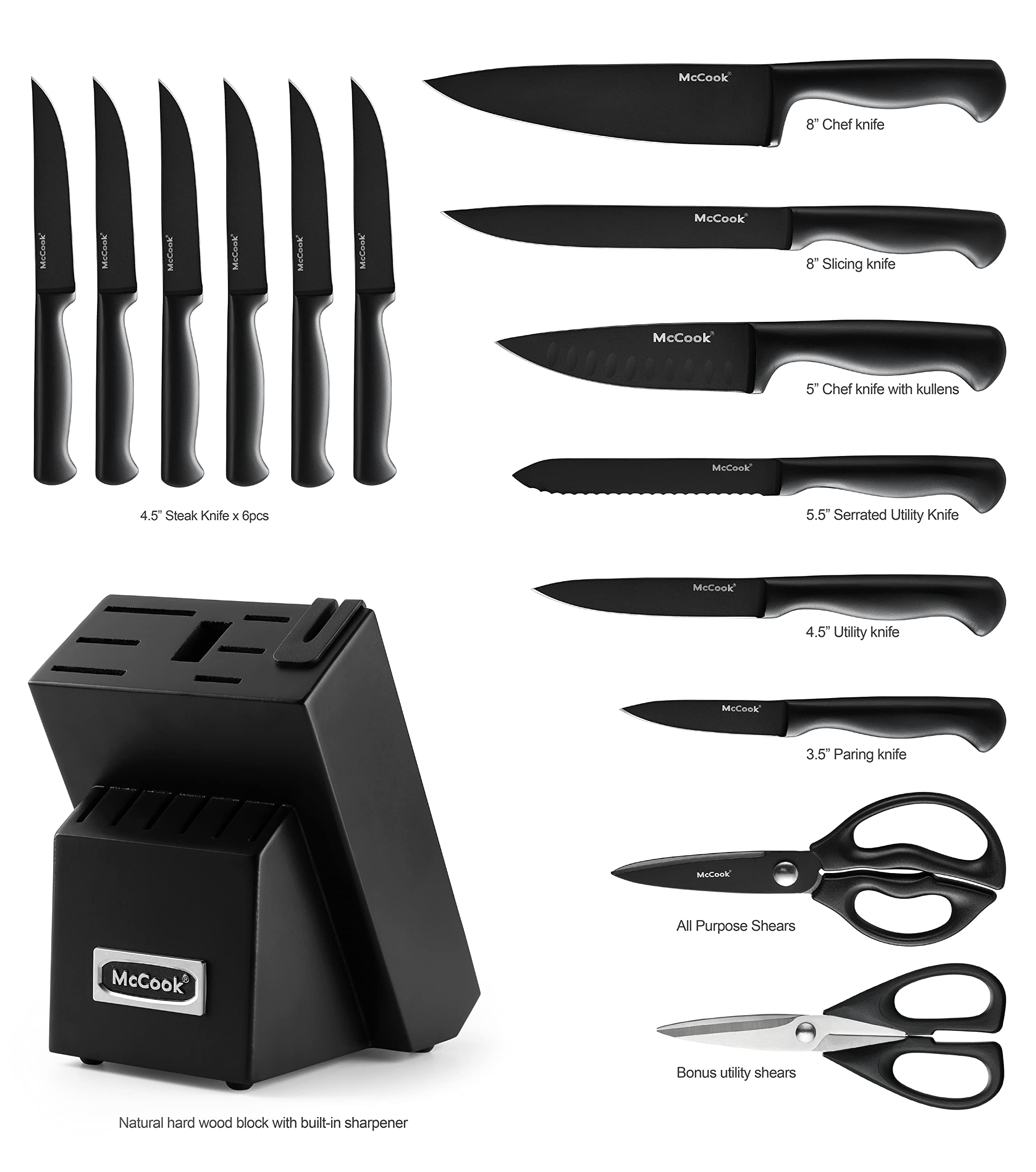 McCook MC21B 15 Pieces Stainless Steel Knife Block Sets with Built-in Sharpener + MCW12 Bamboo Cutting Board(Large, 17"x12"x1")