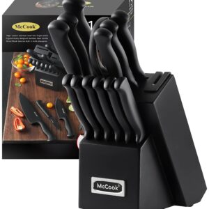 McCook MC21B 15 Pieces Stainless Steel Knife Block Sets with Built-in Sharpener + MCW12 Bamboo Cutting Board(Large, 17"x12"x1")