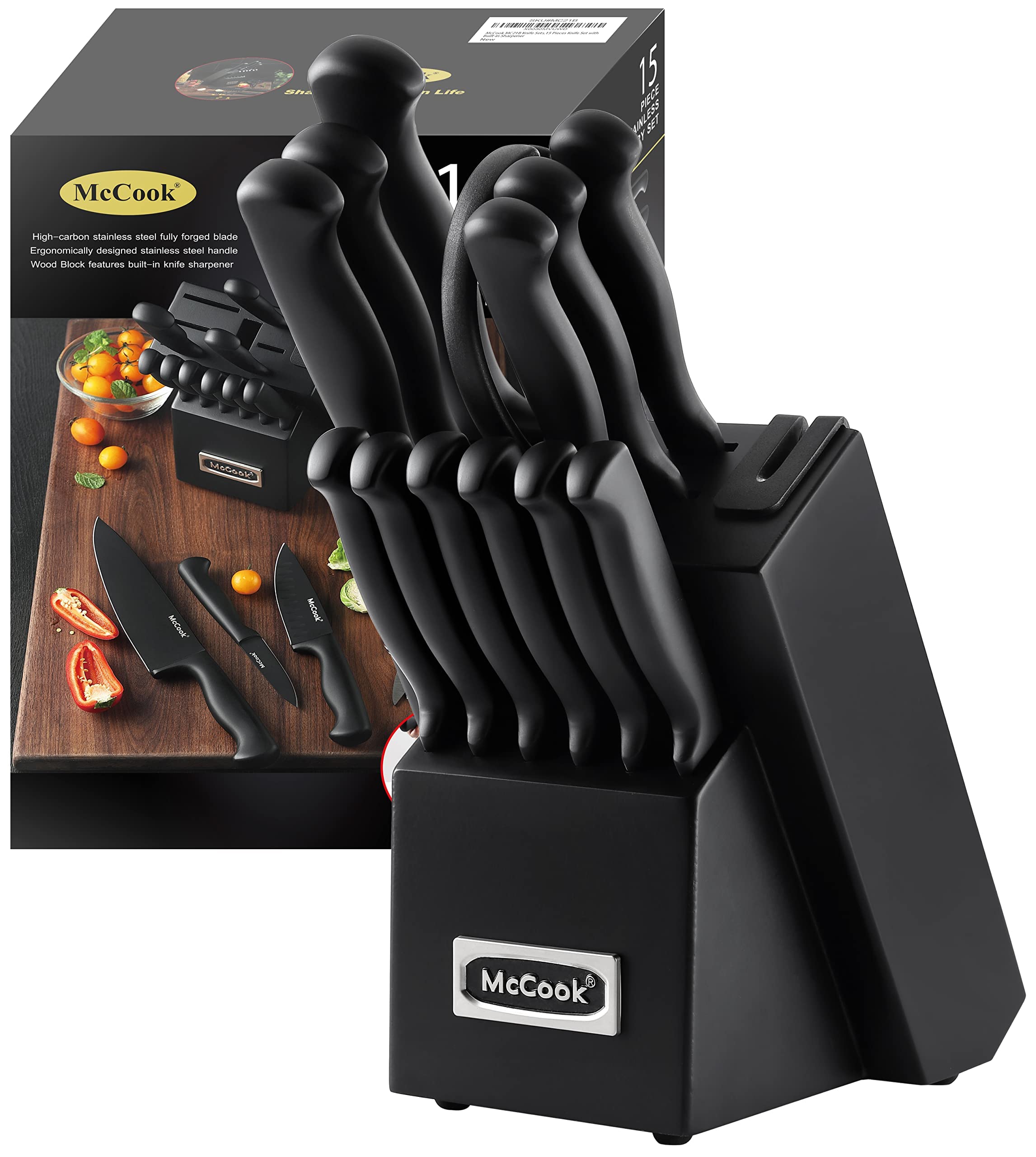 McCook MC21B 15 Pieces Stainless Steel Knife Block Sets with Built-in Sharpener + MCW12 Bamboo Cutting Board(Large, 17"x12"x1")