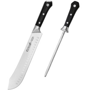 cutluxe bullnose breaking knife & sharpening rod– forged high carbon german steel – full tang & razor sharp – ergonomic handle design – artisan series