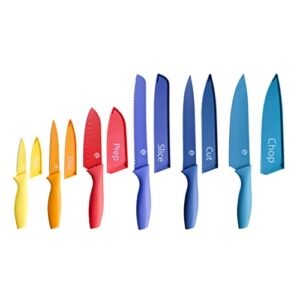 masterchef kitchen knives set with covers incl. paring, boning, carving, bread, santoku & chef knife, sharp cutting stainless steel blades with sheaths, 12 piece (6 colored knives & 6 covers)