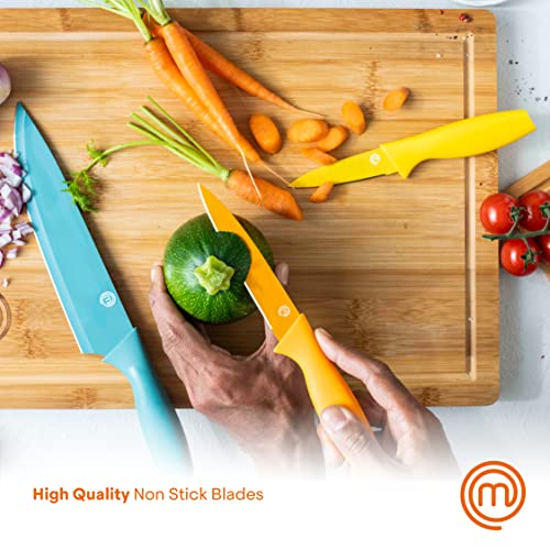 MasterChef Kitchen Knives Set with Covers incl. Paring, Boning, Carving, Bread, Santoku & Chef Knife, Sharp Cutting Stainless Steel Blades with Sheaths, 12 Piece (6 Colored Knives & 6 Covers)