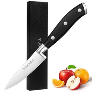 pickwill paring knife, 3.5 inch small kitchen knife, 5cr15mov high carbon stainless steel fruit knife with ergonomic full tang handle, ultra sharp