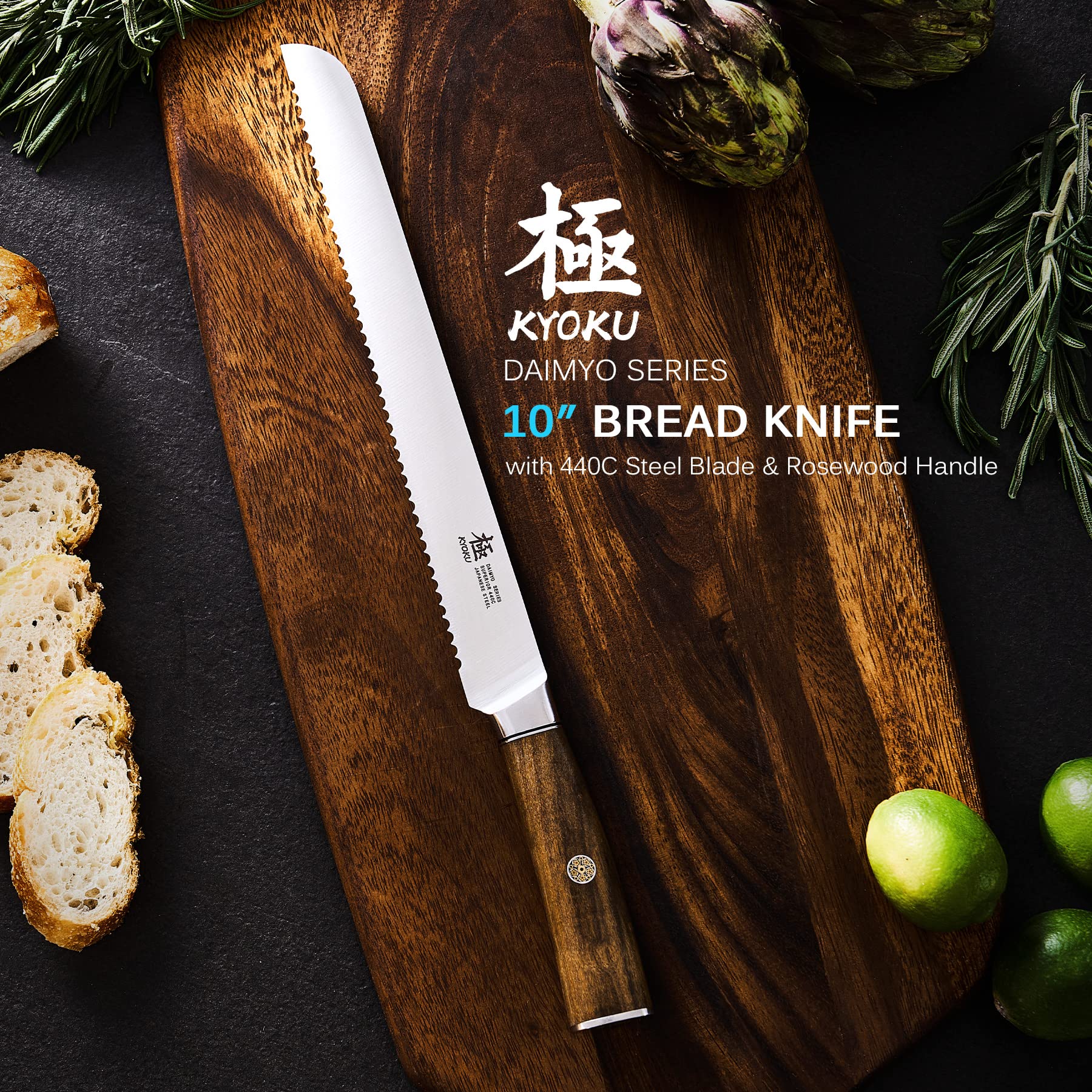 KYOKU 10 Inch Bread Knife - Daimyo Series - Serrated Knife with Ergonomic Rosewood Handle, and Mosaic Pin - Japanese 440C Stainless Steel Bread Cutter with Sheath and Case