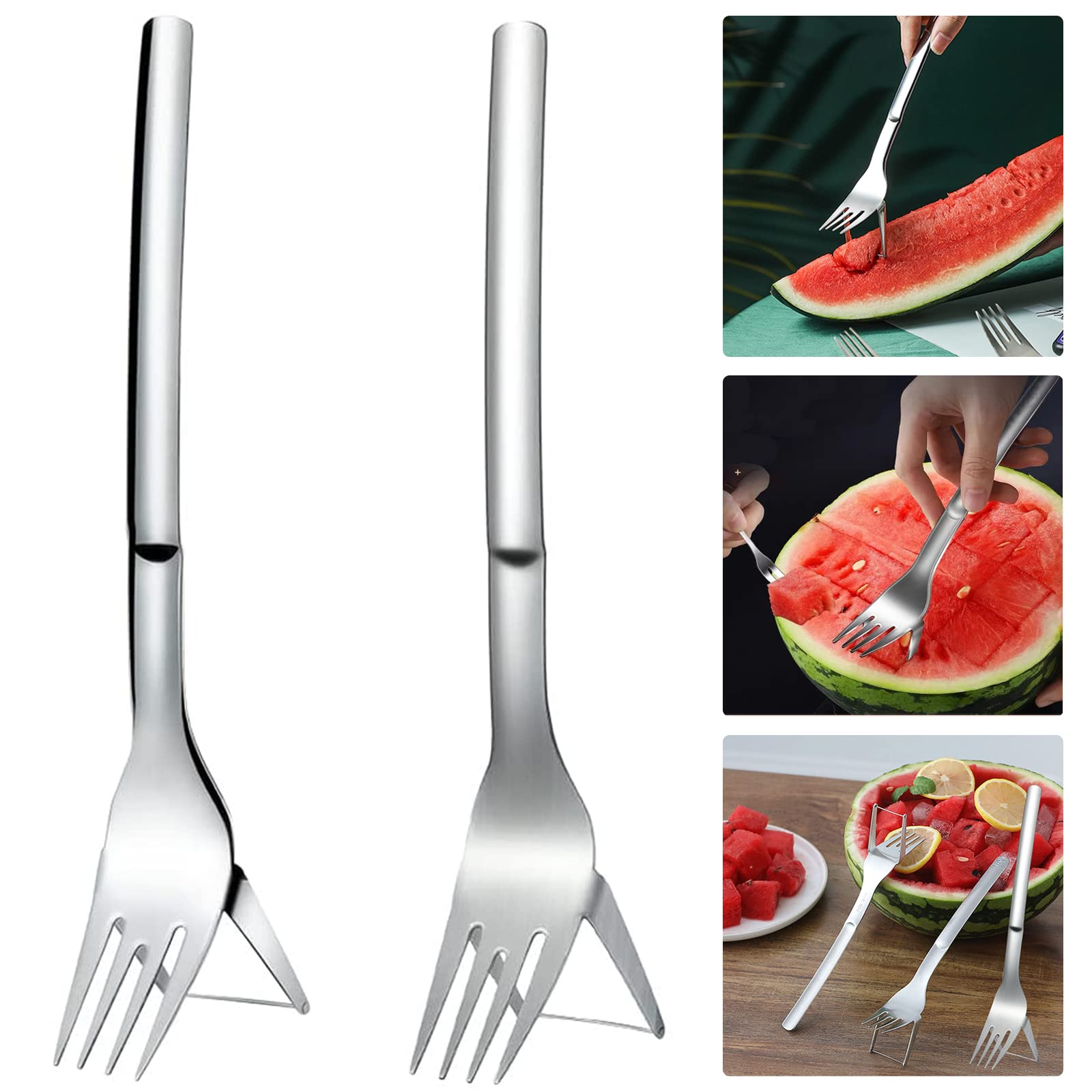 2 Pack 2-in-1 Watermelon Fork Slicer, Watermelon Slicer Cutter Tool for Family Party, Summer Watermelon Cutting Artifact, Fruit Vegetable Tools, Stainless Steel Fruit Forks Slicer Knife for Camping