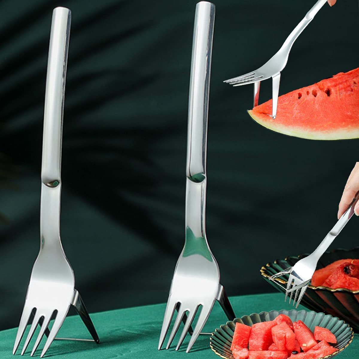 2 Pack 2-in-1 Watermelon Fork Slicer, Watermelon Slicer Cutter Tool for Family Party, Summer Watermelon Cutting Artifact, Fruit Vegetable Tools, Stainless Steel Fruit Forks Slicer Knife for Camping