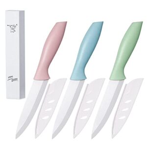 3 pieces ceramic knife set, 4 inch paring knife sharp and durable fruit knives with sheath covers,used for cooking vegetable fruit bread and meats