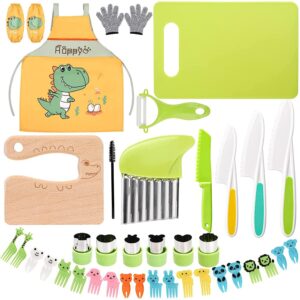 13 pcs wood kids kitchen knife set, safe fruit toddler knifes for real cooking, y peeler, children gloves, serrated edges toddler knife, sandwich cutter, crinkle cutter, plastic cutting board