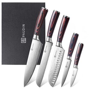 paudin kitchen knife set, ultra sharp knife set with pakkawood handle, high carbon stainless steel knives set for kitchen, 5 piece chef knife set come with gift box