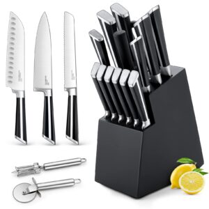 knife sets for kitchen with block, e-far 17-piece high carbon forged stainless steel knife set includes chef utility paring steak serrated bread santoku knife sharpener - full tang design
