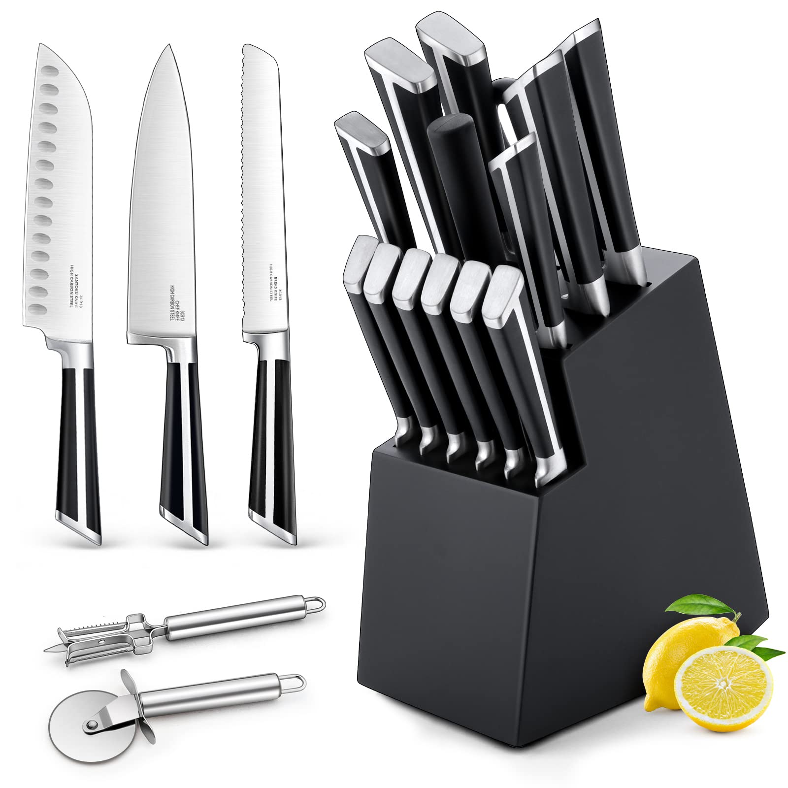 Knife Sets for Kitchen with Block, E-far 17-Piece High Carbon Forged Stainless Steel Knife Set Includes Chef Utility Paring Steak Serrated Bread Santoku Knife Sharpener - Full Tang Design