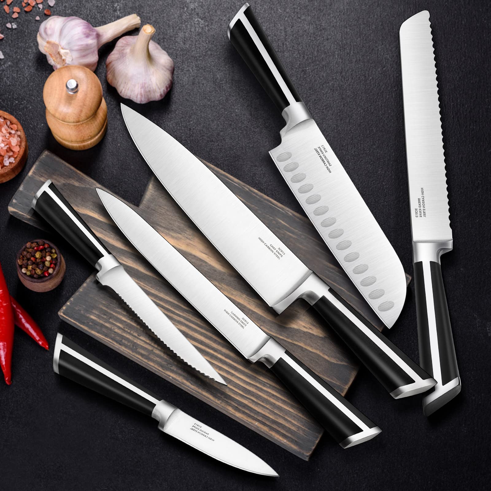 Knife Sets for Kitchen with Block, E-far 17-Piece High Carbon Forged Stainless Steel Knife Set Includes Chef Utility Paring Steak Serrated Bread Santoku Knife Sharpener - Full Tang Design