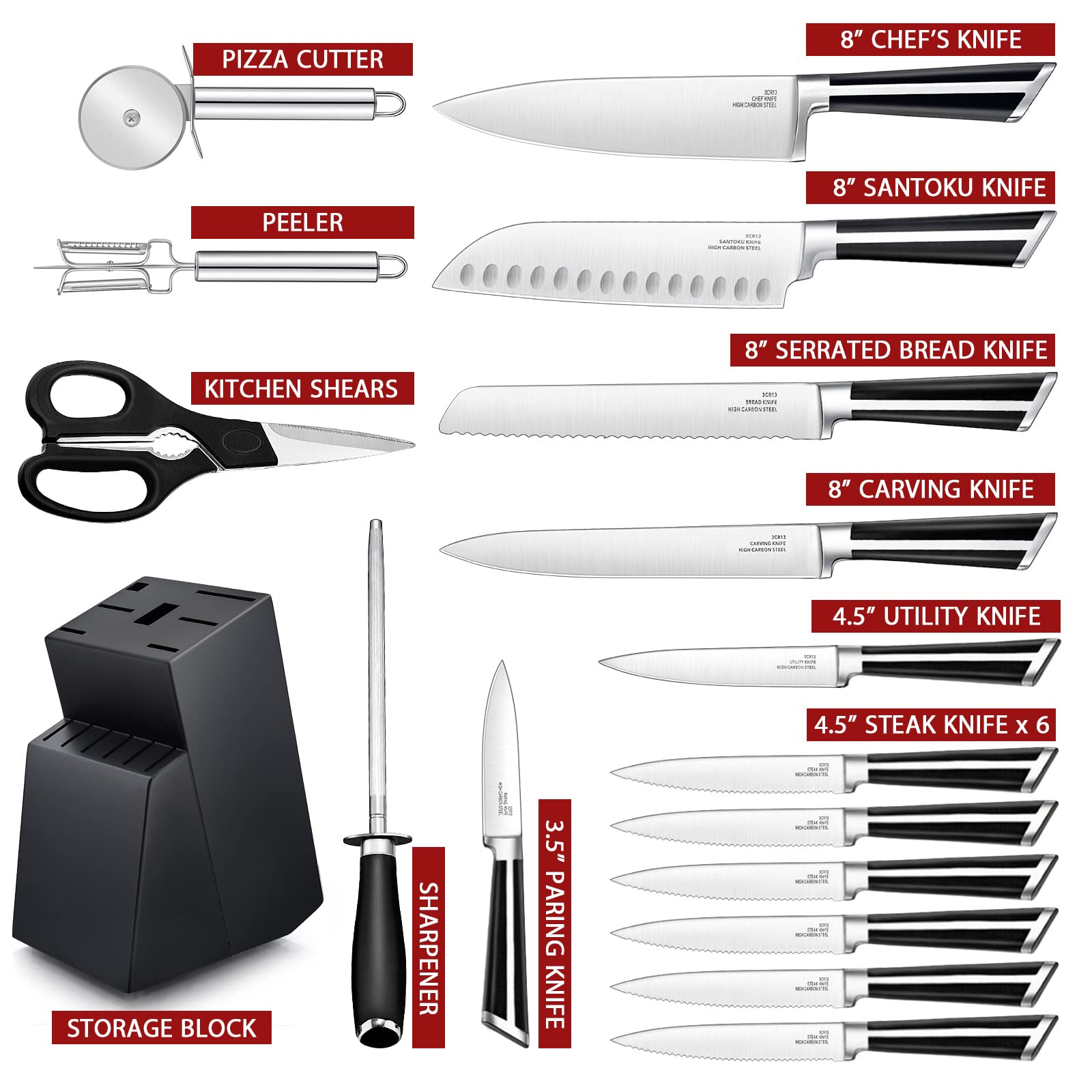 Knife Sets for Kitchen with Block, E-far 17-Piece High Carbon Forged Stainless Steel Knife Set Includes Chef Utility Paring Steak Serrated Bread Santoku Knife Sharpener - Full Tang Design