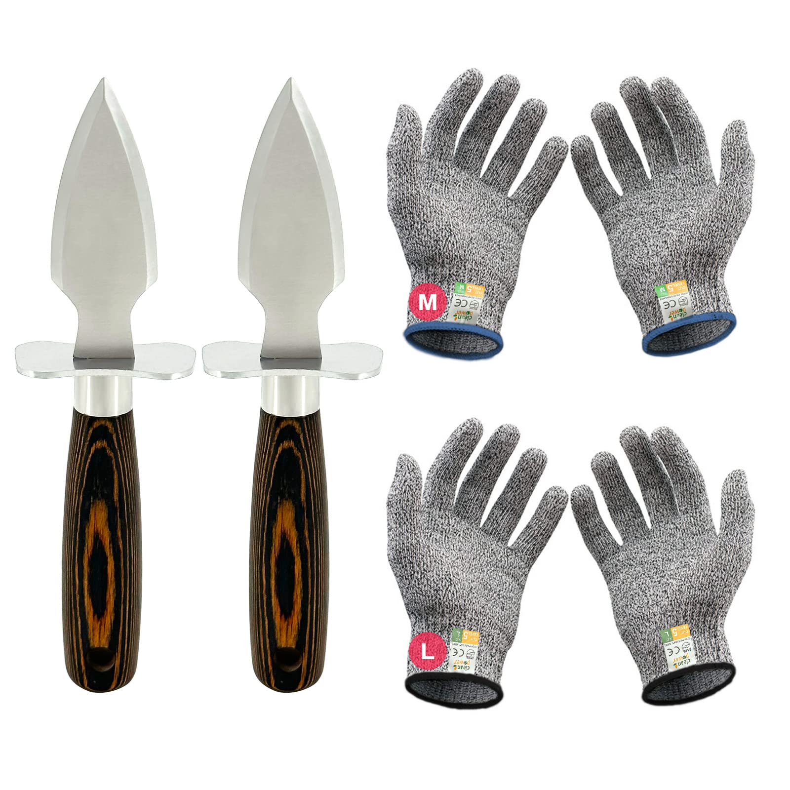 MYBMHTNB Oyster Shucking Knife Set of 2 Stainless Steel Oyster Knifes and 2 Pairs Level 5 Cut-Resistant Gloves，Oyster Knives Suitable for All Kinds of Shells and Oysters Shucking（Strengthen Version）