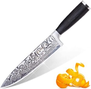 michelangelo super sharp professional chef's knife with etched pattern, high carbon stainless steel japanese knife, chef knife for kitchen