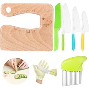 zhehao 7 pieces kitchen wooden knife for kids include wood kids knife plastic potato slicers cooking knives serrated edges toddler knife kids plastic knife resistant gloves for children (crocodile)