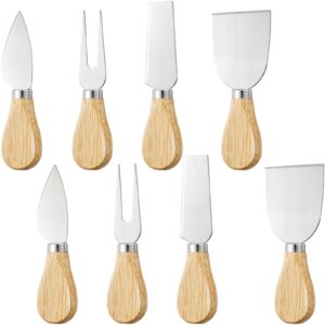 bekith 8 pieces set cheese knives with bamboo wood handle - 2 cheese knife, 2 cheese shaver, 2 cheese fork and 2 cheese spreader