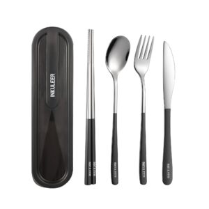 inkuleer travel cutlery set, 18/8 stainless steel cutlery, reusable utensils set with case, portable silverware lunch box for camping and office(black/knife set)