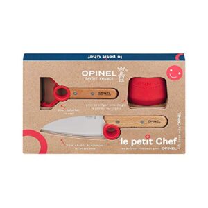 opinel le petit chef complete 3 piece kitchen set, chef knife with rounded tip, fingers guard, peeler, for children and teaching food prep and kitchen safety, made in france