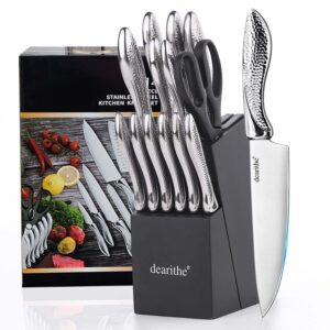 dearithe knife sets for kitchen with block, 14 piece high carbon stainless steel knife block set with built-in sharpener, professional kitchen knife set, hammered pattern hollowed handle design