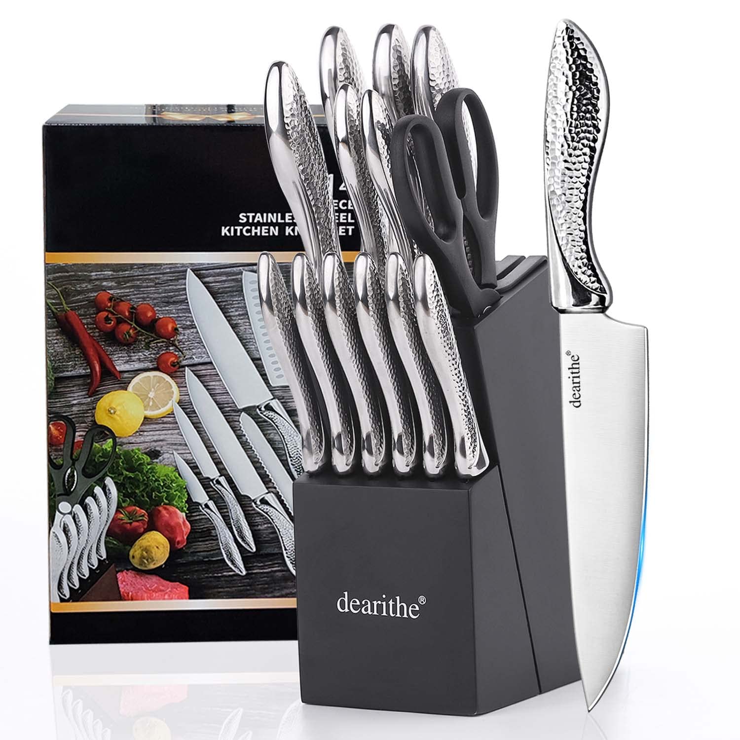 dearithe Knife Sets for Kitchen with Block, 14 Piece High Carbon Stainless Steel Knife Block Set with Built-in Sharpener, Professional Kitchen Knife Set, Hammered Pattern Hollowed Handle Design