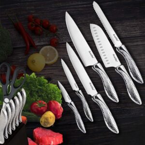 dearithe Knife Sets for Kitchen with Block, 14 Piece High Carbon Stainless Steel Knife Block Set with Built-in Sharpener, Professional Kitchen Knife Set, Hammered Pattern Hollowed Handle Design