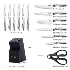 dearithe Knife Sets for Kitchen with Block, 14 Piece High Carbon Stainless Steel Knife Block Set with Built-in Sharpener, Professional Kitchen Knife Set, Hammered Pattern Hollowed Handle Design