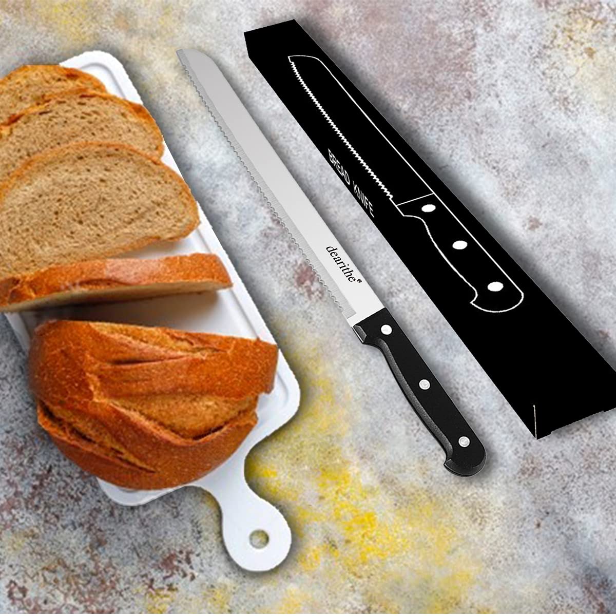 dearithe Serrated-Bread Knife 10 Inch, Black Full-Tang and Triple Rivet Stainless Sharp Wavy Edge Wide Bread Cutter, Professional for Slicing Homemade Bread, Bagels, Cake, Dishwasher Safe