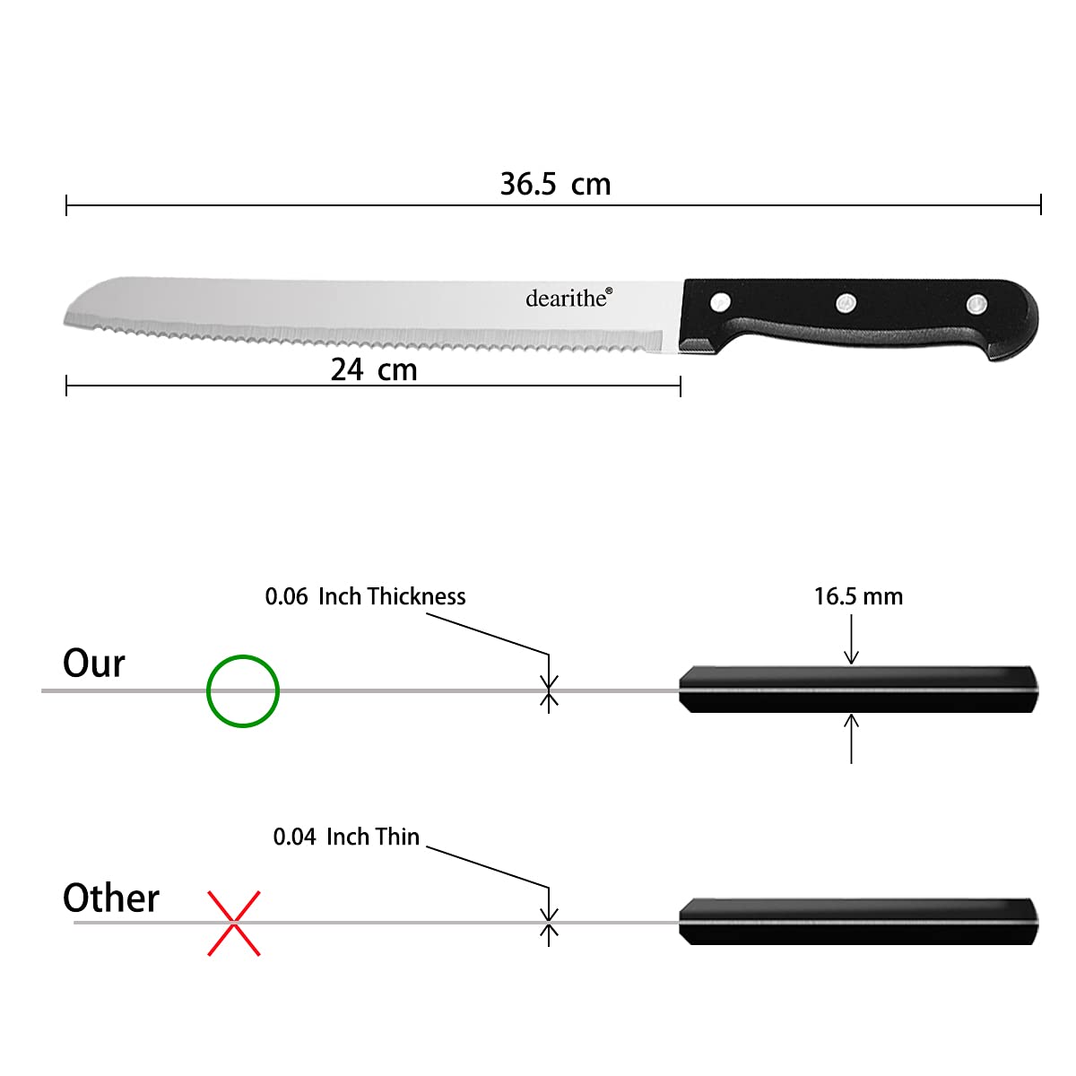 dearithe Serrated-Bread Knife 10 Inch, Black Full-Tang and Triple Rivet Stainless Sharp Wavy Edge Wide Bread Cutter, Professional for Slicing Homemade Bread, Bagels, Cake, Dishwasher Safe