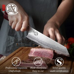 MITSUMOTO SAKARI 8 inch Japanese Kiritsuke Chef Knife, Hand Forged 67 Layers 440C Damascus Steel Kitchen Knives, Professional Meat Sushi Chef's Knife (Blue Pomegranate Handle & Gift Box)