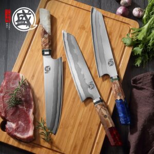 MITSUMOTO SAKARI 8 inch Japanese Kiritsuke Chef Knife, Hand Forged 67 Layers 440C Damascus Steel Kitchen Knives, Professional Meat Sushi Chef's Knife (Blue Pomegranate Handle & Gift Box)