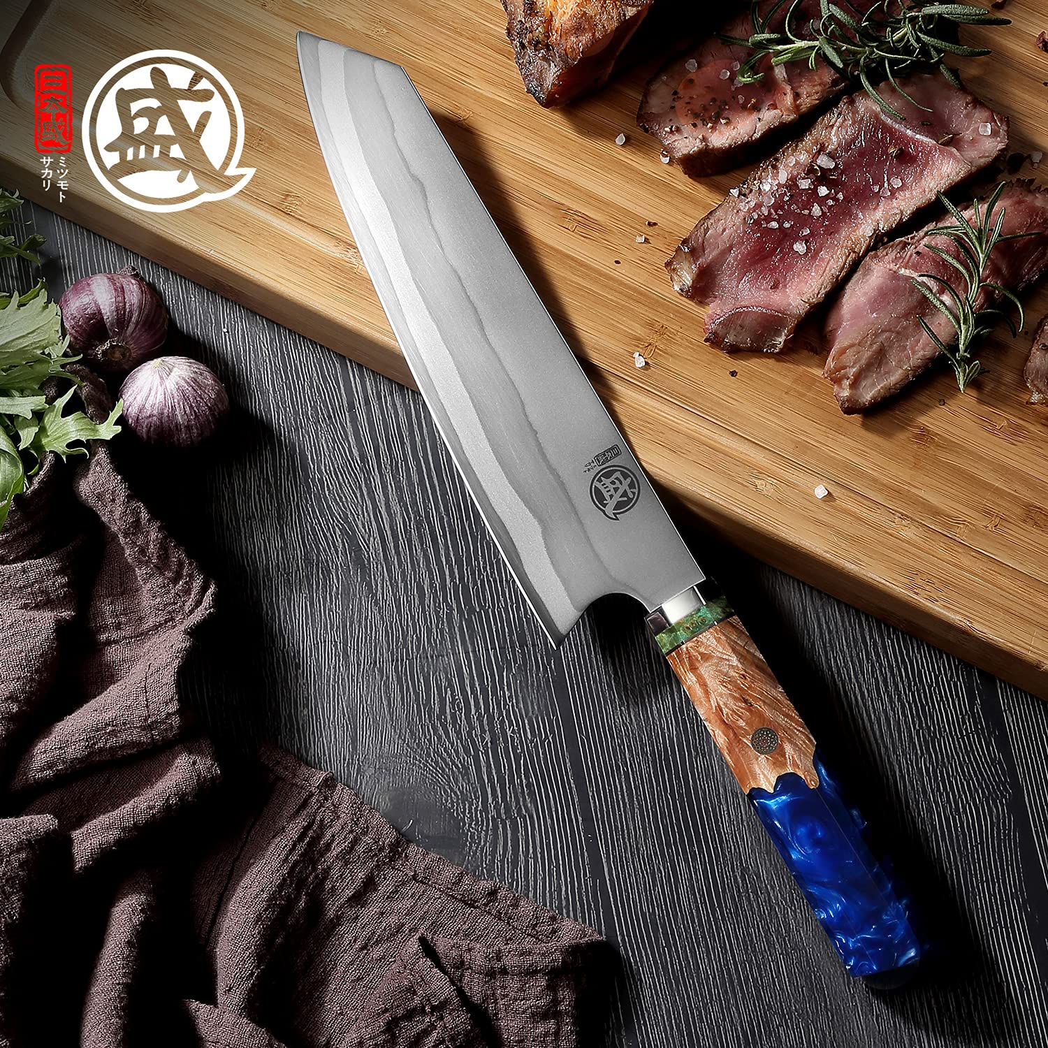 MITSUMOTO SAKARI 8 inch Japanese Kiritsuke Chef Knife, Hand Forged 67 Layers 440C Damascus Steel Kitchen Knives, Professional Meat Sushi Chef's Knife (Blue Pomegranate Handle & Gift Box)