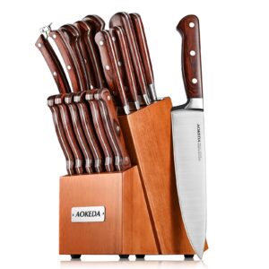 aokeda 15-piece kitchen knife set with block, stainless steel knives, include sharpener, poultry shears (classic pakkawood)