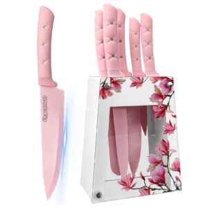 kitchen knife set, 6 pieces pink stainless steel sharp cooking knife set with acrylic stand, non-stick coating pink flower block knife set with gift box for women girls (pink)