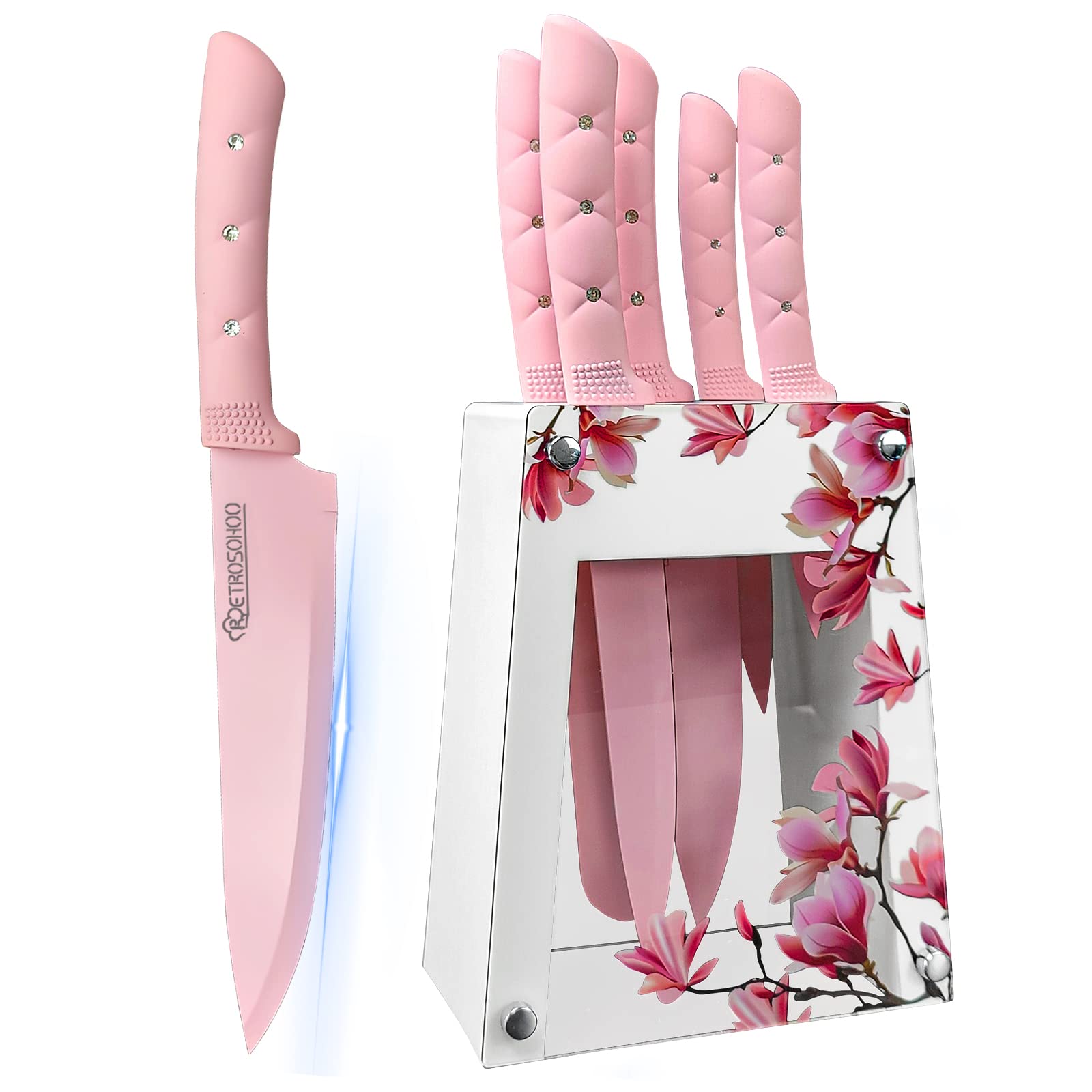 Kitchen Knife Set, 6 Pieces Pink Stainless Steel Sharp Cooking Knife Set with Acrylic Stand, Non-stick Coating Pink Flower Block Knife Set with Gift Box for Women Girls (Pink)