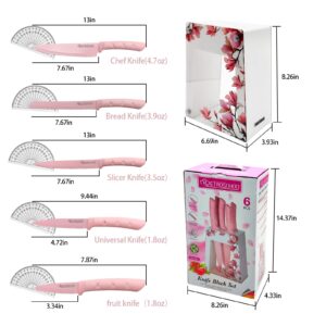 Kitchen Knife Set, 6 Pieces Pink Stainless Steel Sharp Cooking Knife Set with Acrylic Stand, Non-stick Coating Pink Flower Block Knife Set with Gift Box for Women Girls (Pink)