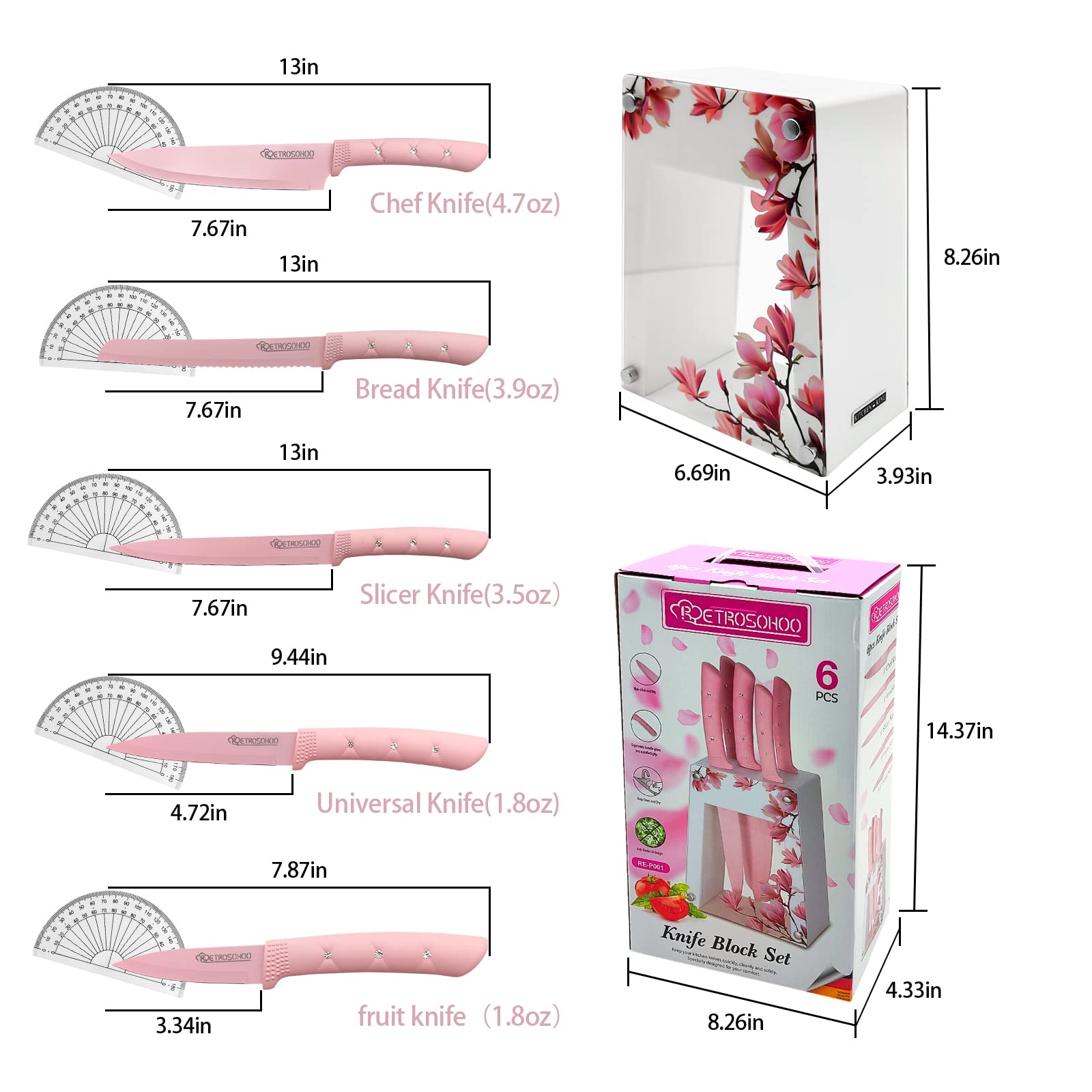 Kitchen Knife Set, 6 Pieces Pink Stainless Steel Sharp Cooking Knife Set with Acrylic Stand, Non-stick Coating Pink Flower Block Knife Set with Gift Box for Women Girls (Pink)