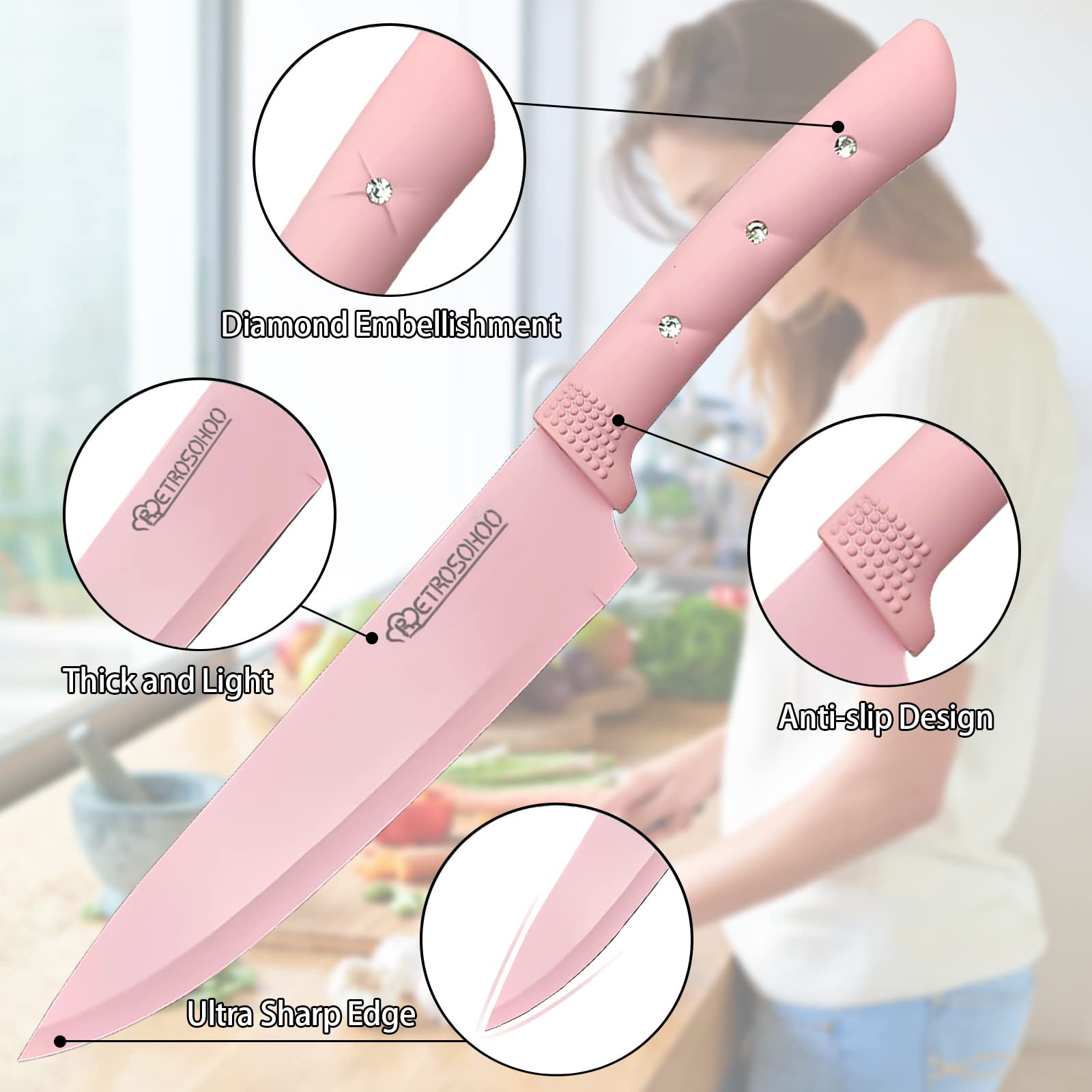 Kitchen Knife Set, 6 Pieces Pink Stainless Steel Sharp Cooking Knife Set with Acrylic Stand, Non-stick Coating Pink Flower Block Knife Set with Gift Box for Women Girls (Pink)