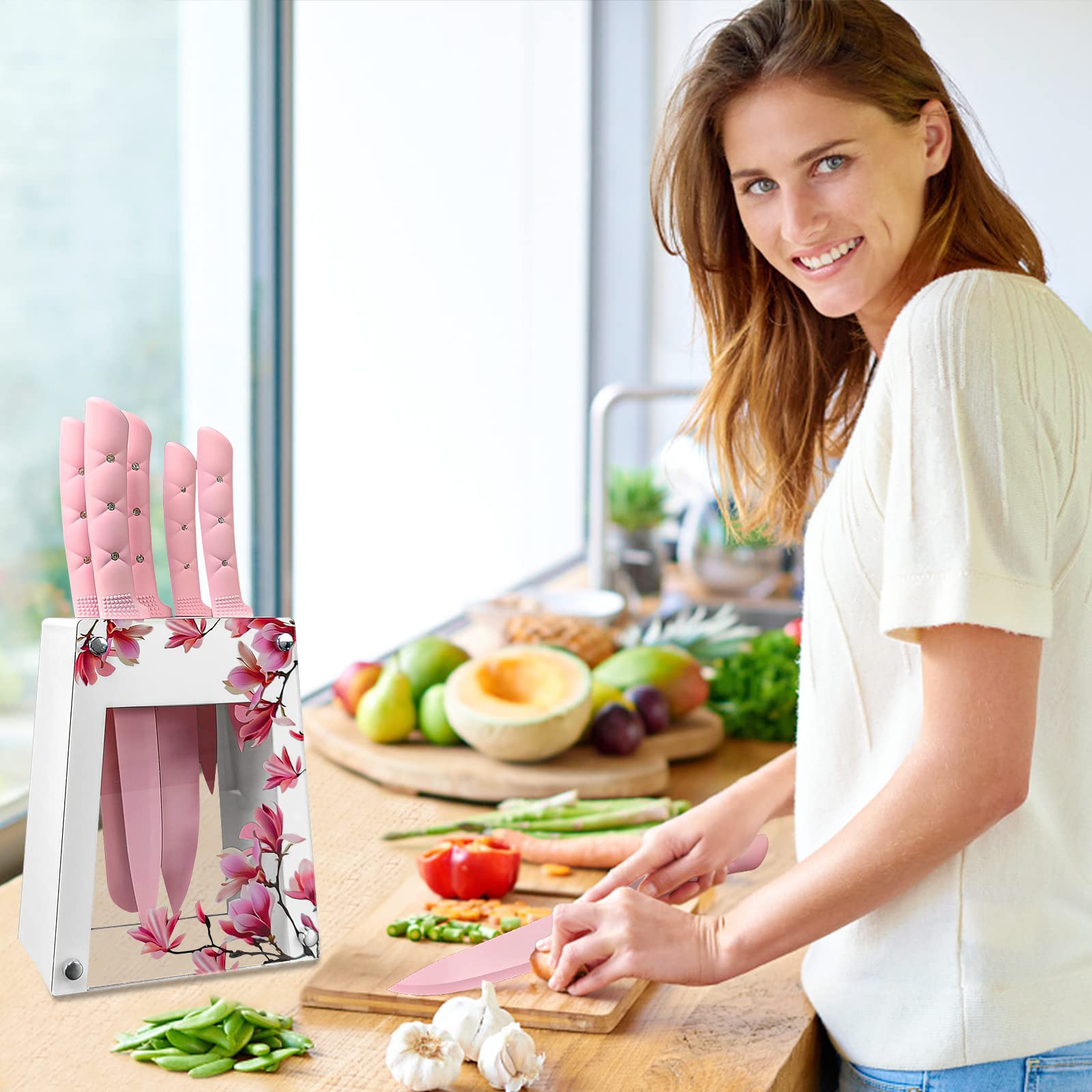 Kitchen Knife Set, 6 Pieces Pink Stainless Steel Sharp Cooking Knife Set with Acrylic Stand, Non-stick Coating Pink Flower Block Knife Set with Gift Box for Women Girls (Pink)