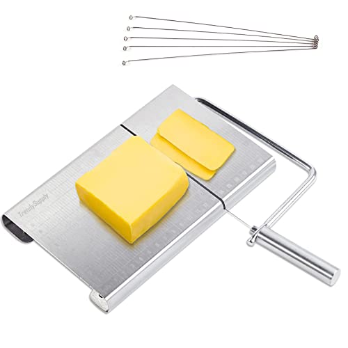 TRENDYSUPPLY Stainless Steel Cheese Slicer, Cheese Slicer with Wire, Cheese Cutter with Accurate Size Scale & 5 Replacement Wire, Cheese Board with Wire Cutter for Block Cheese