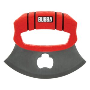 bubba ulu knife with non-slip grip handle, curved blade, integrated bottle opener and sheath , red
