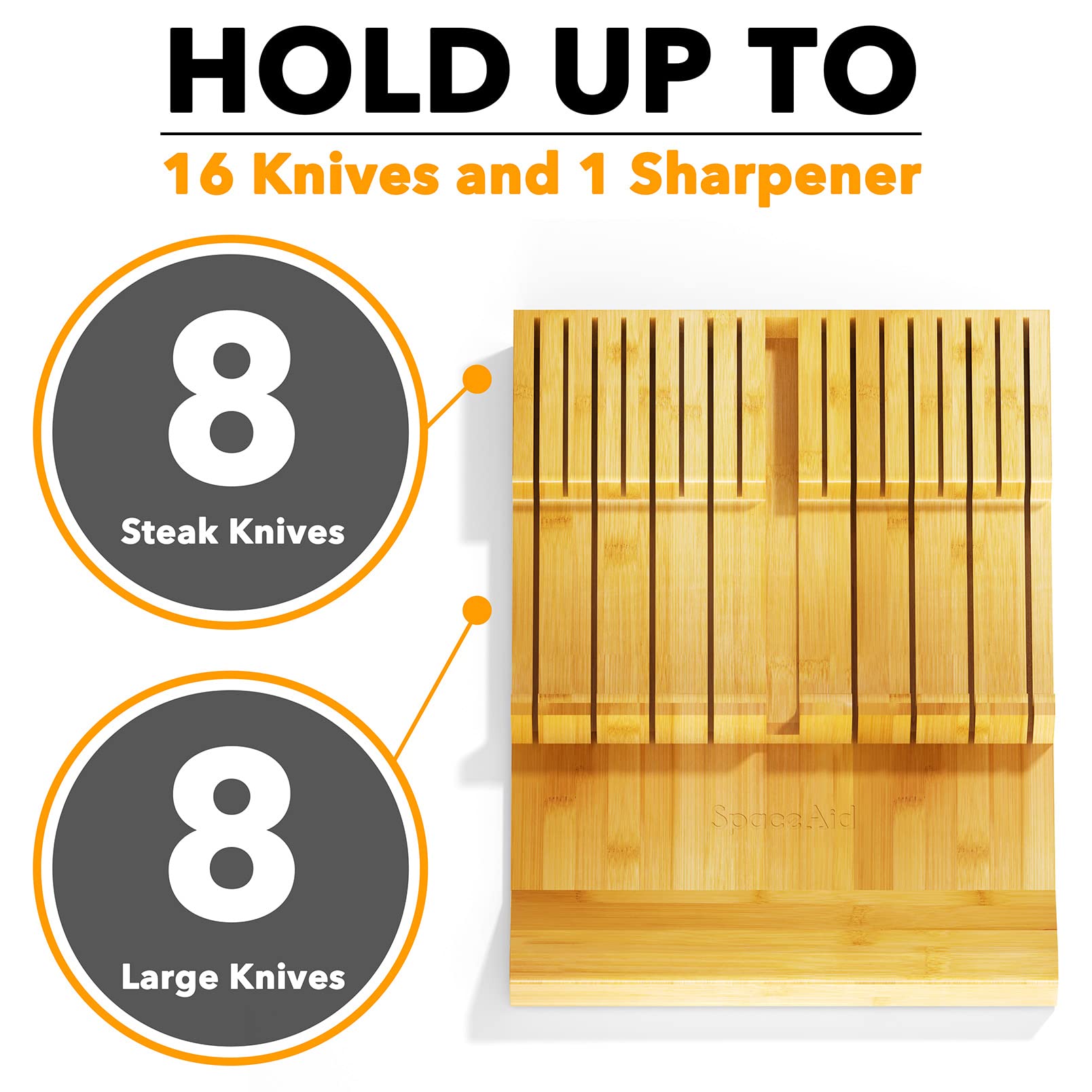 SpaceAid Bamboo Knife Drawer Organizer Insert, Kitchen Steak Knives Holder Organizers Block for Drawer Storage Organization (16 Knife Slots and 1 Sharpener Slot)