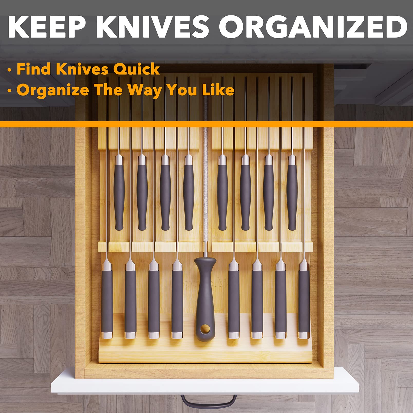 SpaceAid Bamboo Knife Drawer Organizer Insert, Kitchen Steak Knives Holder Organizers Block for Drawer Storage Organization (16 Knife Slots and 1 Sharpener Slot)