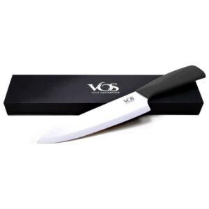 vos ceramic knife 8 inch chef with cover and a gift box - advanced kitchen tool for chefs - sharp plain blade edge for cutting, paring, slicing, dicing, chopping - ideal for vegetable, fruits (black)